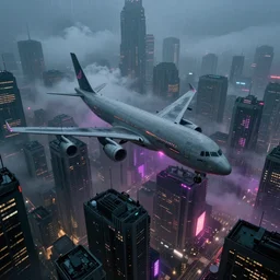 i, a cyberpunk city seen from above, mist, rain, neon light, giant aircrafts, trending on artstation