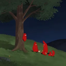 a bright red creature near a tree on a hill at night, 4 k