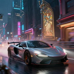 a sports car high speed chase down the city, neon lights, lens flare, night life, heavy rain, deep focus, d & d, fantasy, intricate, elegant, highly detailed, digital painting, artstation, concept art, matte, sharp focus, illustration, hearthstone, art by artgerm and greg rutkowski and alphonse mucha