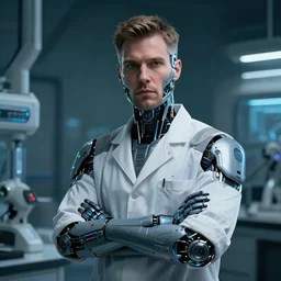 a laboratory technician man with cybernetic enhancements, scifi character portrait by greg rutkowski, craig mullins, cinematic lighting, dystopian scifi gadgets