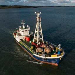 realistic aerial drone shot of British scalloper scallop dredger