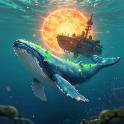 studio ghibli, whale, sunken ship in the background, deep sea, solar, green technology, optimist future by asher durand. intricate artwork by tooth wu and wlop and beeple and dan mumford and greg rutkowski and nekroxiii. halo. octane render, cinematic, hyper realism, octane render, 8 k, depth of field, bokeh. iridescent accents. vibrant