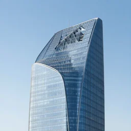 skyscraper with interesting and innovative top, photorealistic, slick, smooth, modern, futuristic, glassy, reflective streamlined