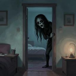 creepy humanoid figure peeking into a cozy bedroom, horror illustration