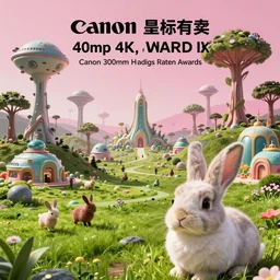 landscape photo of an alien planet with a light pink sky, alien trees, green grass, a utopian alien civilization with buildings, cute alien animals walking around, cute alien bunny up close to the camera, highly detailed, high quality, HD, 4k, 8k, Canon 300mm, professional photographer, 40mp, lifelike, top-rated, award winning, realistic, sharp, no blur, edited, corrected, trending
