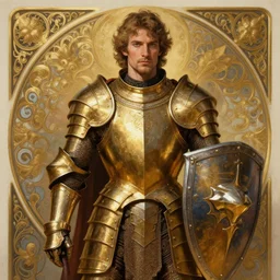 Portrait of Pedro Perestrello as a paladin wearing gold full plate armor and wielding a shield, fantasy, intricate, elegant, highly detailed, digital painting, artstation, concept art, matte, sharp focus, illustration, art by Roberto Ferri and Greg Rutkowski and Alphonse Mucha