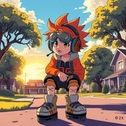 anime boy with massive headphones, spiky orange hair, goggles, rollerblades, cel - shading, 2 0 0 1 anime, flcl, jet set radio future, golden hour, neighborhood, trees, oak trees, suburban neighborhood, cel - shaded, strong shadows, vivid hues, y 2 k aesthetic