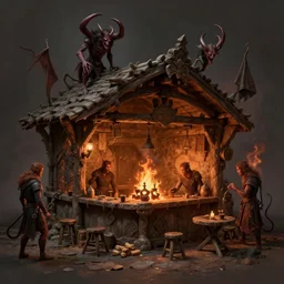 concept art, a beautiful highly detailed small medieval hell tavern, deamons, inferno, ancient, realistic shaded lighting poster by ilya kuvshinov, magali villeneuve, artgerm, jeremy lipkin and michael garmash and rob rey