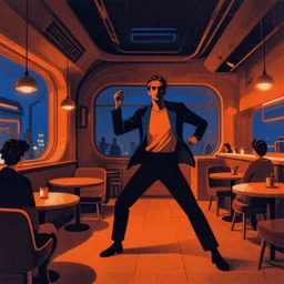 illustration of the interior of a futuristic cafe, roger broders, hein schulz neudamm, ( ( giuseppe riccobaldi ) ), volumetric, dynamic pose, detailed, matte print, dramatic lighting, risograph, halftone texture, dark orange + blue + black + red