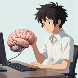 cyberpunk curly - haired persian programmer next to an artificial brain on a stand, artstation, by makoto shinkai and moebius