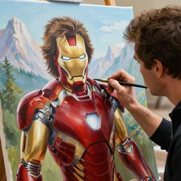 a closeup photorealistic photograph of bob ross diligently completing a canvas painting of iron man on the canvas. mountains and trees. film still. brightly lit scene. this 4 k hd image is trending on artstation, featured on behance, well - rendered, extra crisp, features intricate detail, epic composition and the style of unreal engine.