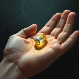 small glowing pill on the palm of a hand, painting, detailed, illustration digital drawing, smooth, sharp focus, unreal engine, realistic lightning. artist artgerm, greg rutkowski, moebius