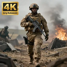 Portrait of a black modern British army soldier in full gear carefully moving through enemy territory, cinematic lighting, front lighting, 4k, award-winning, by Greg Rutkowski, full body,