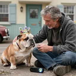 Buddy the graying middle aged homeless man playing xbox and petting an english bulldog wearing a crown, dog wearing a plastic crown, photo by Wes Anderson