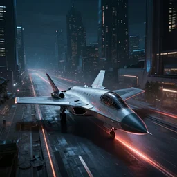 futuristic sci fi jet lands at runway of cyberpunk city, night photo ,dark cinematic lighting , digital concept art