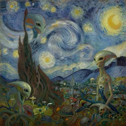 a beautiful alien landscape with strange life forms, painting by Thomas Kinkade and Van Gogh