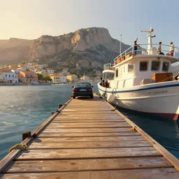 wood dock, car on dock, big fishing boat next to the dock with waving sailors. low angle, sunrise, a mediterranean phoenician fishing village in the distance, chalk cliffs above, highly detailed, digital painting, artstation, concept art, sharp focus, illustration, art by artgerm and raphael lacoste and magali villeneuve
