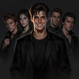 aesthetic digital illustration of a handsome grinning young man by brian bolland, rachel birkett, alex ross, and neal adams | dark, sinister, portrait, character concept, concept art, unreal engine, finalrender, centered, deviantart, artgerm