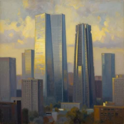 an intricate oil painting by simon stalenhag, tall skyscrapers in background and cloudy sky, golden hour