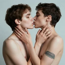 polyamorous cyborgs kissing and caressing lovingly