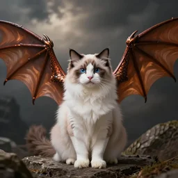 photo of ragdoll cat with dragon wings and scales looking at camera, ultra realistic