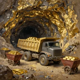 classic oil painting, of inner earth gold mine with a dump truck, gold bars, mining carts, as a dnd character,, cottagecore, highly detailed, digital illustration, concept art, smooth, sharp focus, art by greg hildebrandt, and tim hildebrandt