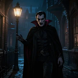 a vampire lurks in the shadows of a Victorian city at night, illuminated by gas lamps, atmospheric lighting, hyper realistic, octane render, 8K