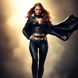 epic film still of beautiful katie mcgrath as a superheroine in the new marvel superhero movie, black cape, black leather costume, gold belt,, gold trim, high heeled boots, movie still 8 k, promotional poster