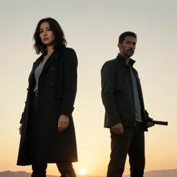 a woman assasin and a man assasin, cinematic, sunset