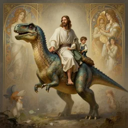 jesus riding a dinosaur, diffuse lighting, fantasy, intricate, elegant, highly detailed, lifelike, photorealistic, digital painting, artstation, illustration, concept art, smooth, sharp focus, art by john collier and albert aublet and krenz cushart and artem demura and alphonse mucha