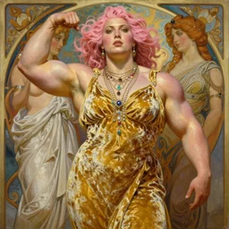 highly detailed oil painting of elegant thick bodybuilder weightlifter zarya, pink hair, glowing skin, gold ombre velvet gown, greek scene, beautiful face by leyendecker, dozens of jeweled necklaces, by greg rutkowski, brom, anato finnstark, alphonse mucha, cinematic lighting,