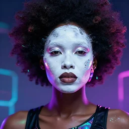 a woman with white face paint on her face, cyberpunk art by Chinwe Chukwuogo-Roy, featured on pexels, afrofuturism, photo taken with nikon d750, glowing neon, iridescent