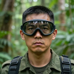 portrait of a stern face wearing a vizor and reflective light standing in a bright jungle detailed portrait photo 8k HD detailed 105mm f2.8