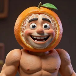 extremely muscular man with peeled orange as head, and crayon painted face, excessively grinning, wide eyed, hyperrealistic, unreal engine, claymation