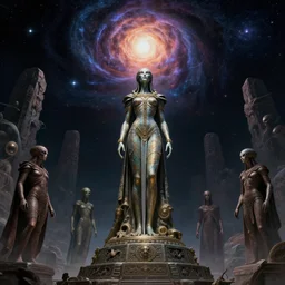 an ancient alien female monument staring into space at a supernova, queen of blades, hyper detailed background, by dorian cleavenger, by greg rutkowski, by wlop, by astri lohne, by zdzisław beksinsk