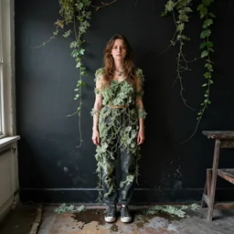 portrait an artist in her apartment, wrapped in vines, black walls, puddles, lichen