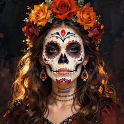 illustration of a sugar skull day of the dead girl, art by laurie greasley