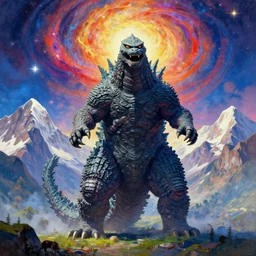 godzilla in front of altai mountains by nicolas roerich, 8 k, super detailed, digital art, digital painting, celestial, majestic, colorful, front