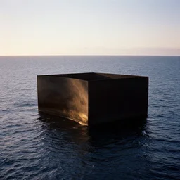 “35mm photo of a black obsidian cube In the middle of a sea, in the style of Richard Serra. Ektachrome 400. Golden hour. Beautifully lit. Award winning.”