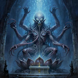 monstrous and twisted cathedral with an altar that has a statue to many eyed veiny and four armed cthulhu, tentacles twisting in lotus position. in the style of hr giger and zdzisław beksinski and frank frazetta. blue glow, gloomy and misty. biomechanical oil painting horror
