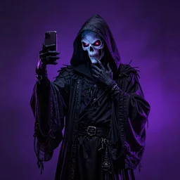 dramatic cinematic scene of the Grim Reaper taking a selfie, mucha, colorful, purple, black, highly rendered, beautiful, cyberpunk, very highly detailed, symmetrical, archillect, moody lighting, glowing light and shadow, atmospheric, studio lighting, 8K