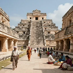 india in the 1 8 0 0 s filled with ancient palenque mayan architecture, mayan man walking the streets, indians in traditional wear haggling with the street vendors, surreal, beautiful, hyper realistic, trending on artstation, 8 k, hd