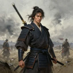 portrait of a samurai, on a windswept battlefield, holding a naginata, art by ilya kuvshinov