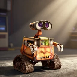 “WALL-E, hyper realistic, light rays,”