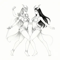 two female demons dancing, queen of blades, diablo 4 lilith, line art, by artgerm, by yusuke murata, by hiroya oku, by dorian cleavenger, by zdzisław beksinski, trending on artstation