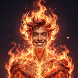 a happy man in his early 4 0 s, divine fire powers his body and head, digital art by artgerm