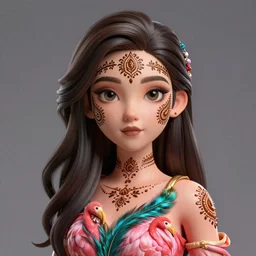 a stunning ultra detailed fantasy fine art portrait photo of a girl, 3 d model, by tom bagshaw, artgerm and natalie shau, henna tattoos on the face, paisley designs, flamingo feather dress, 5 0 mm lens, unreal engine, deep depth of field, perfect eyes and face, soft lighting, artstation, 8 k