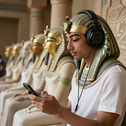 hd photo of ancient egyptian RowLow listening to music with headphones and holding his smartphone