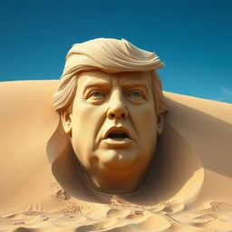 the giant sand sculpted face of donald trump emerging from a sand dune, cinematic, surrealistic, supernatural, artstation