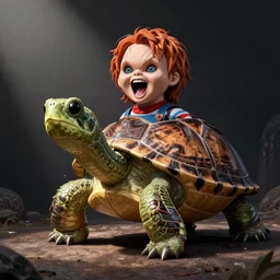 a turtle with head of screaming chucky doll